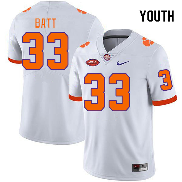 Youth #33 Griffin Batt Clemson Tigers College Football Jerseys Stitched-White - Click Image to Close